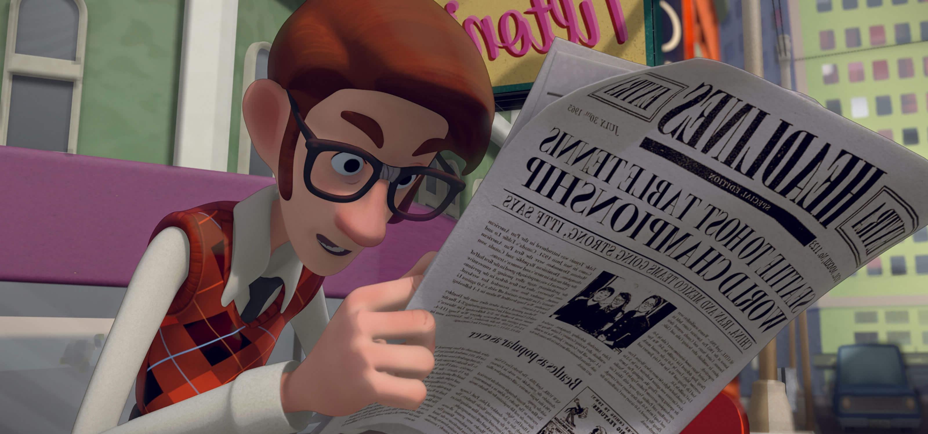 一个戴眼镜、穿着红色菱形毛衣的男人坐在长凳上读报纸，被一个故事迷住了.