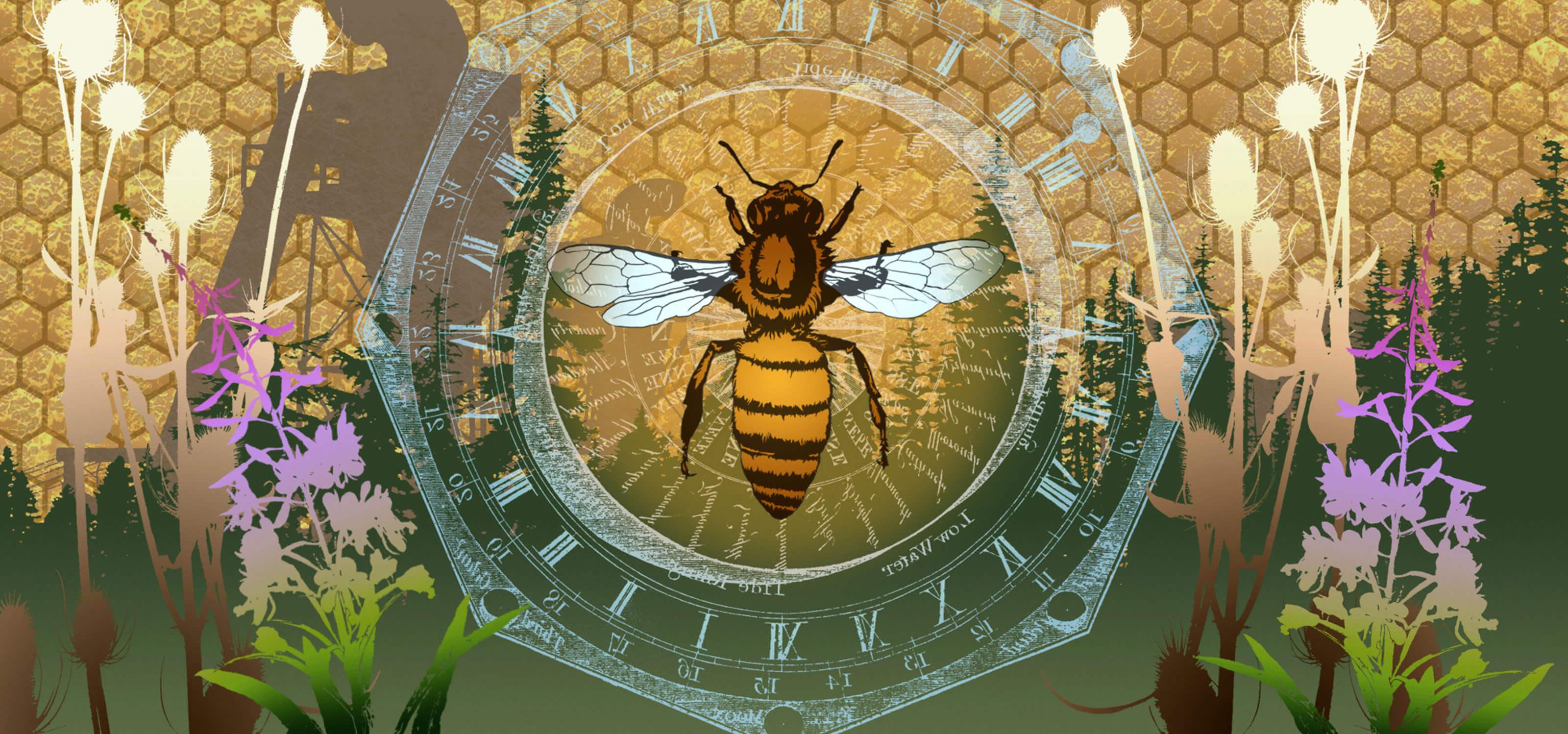数字合成的蜜蜂和植物叠加在森林和蜂巢