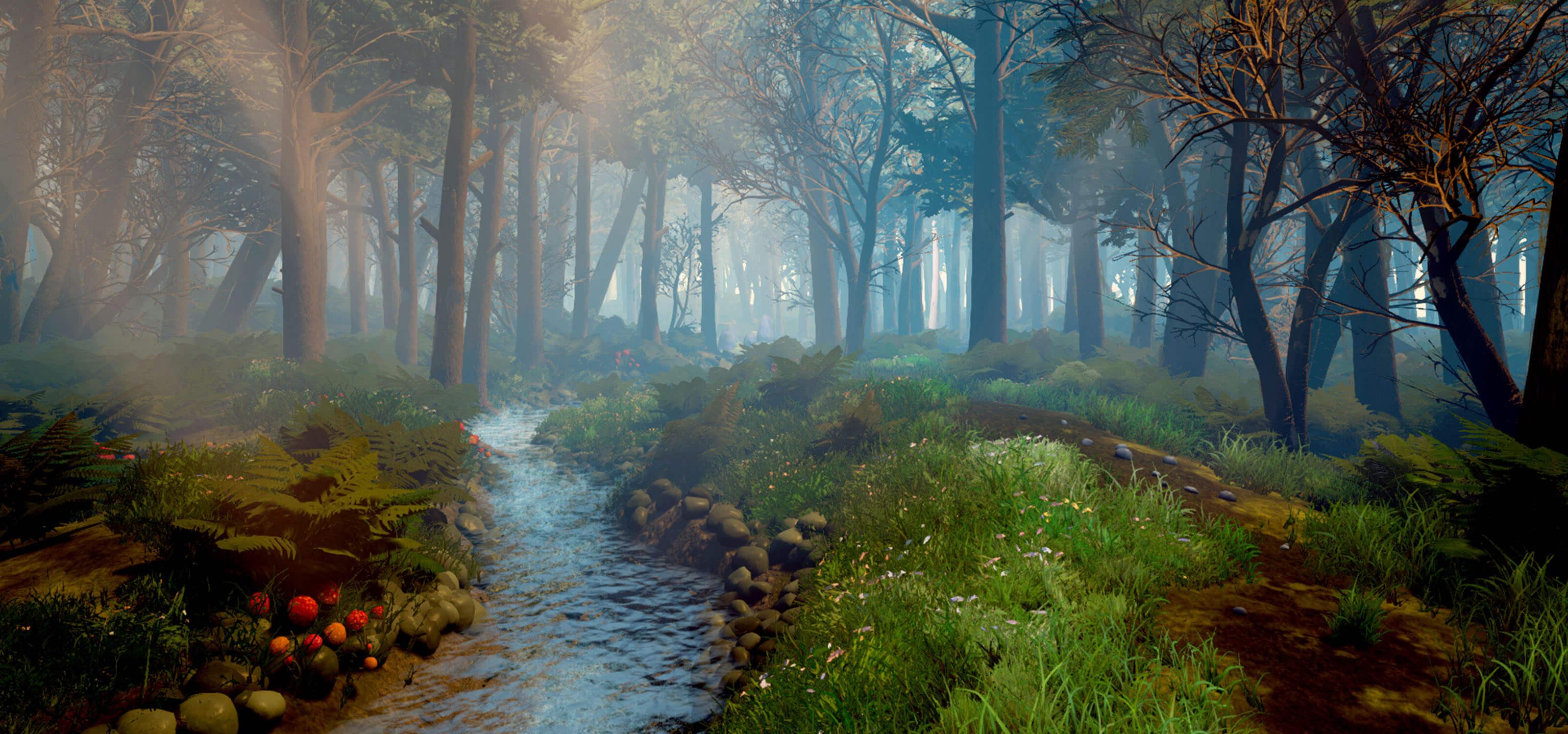在阳光下的森林深处的一条溪流的3D模型