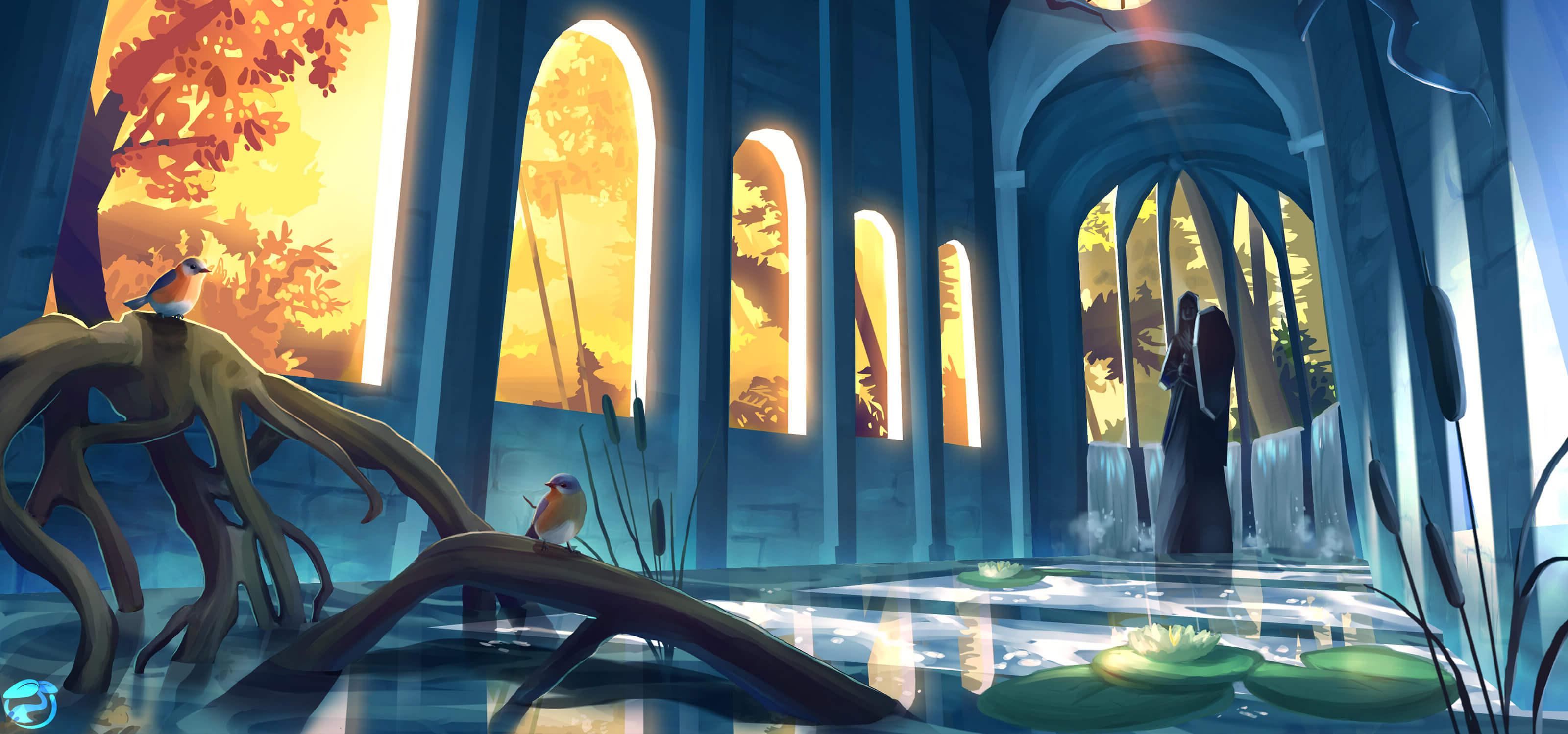日落时露天建筑中的雕像的数码绘画, with a pond, 前景是睡莲花瓣和鸟儿