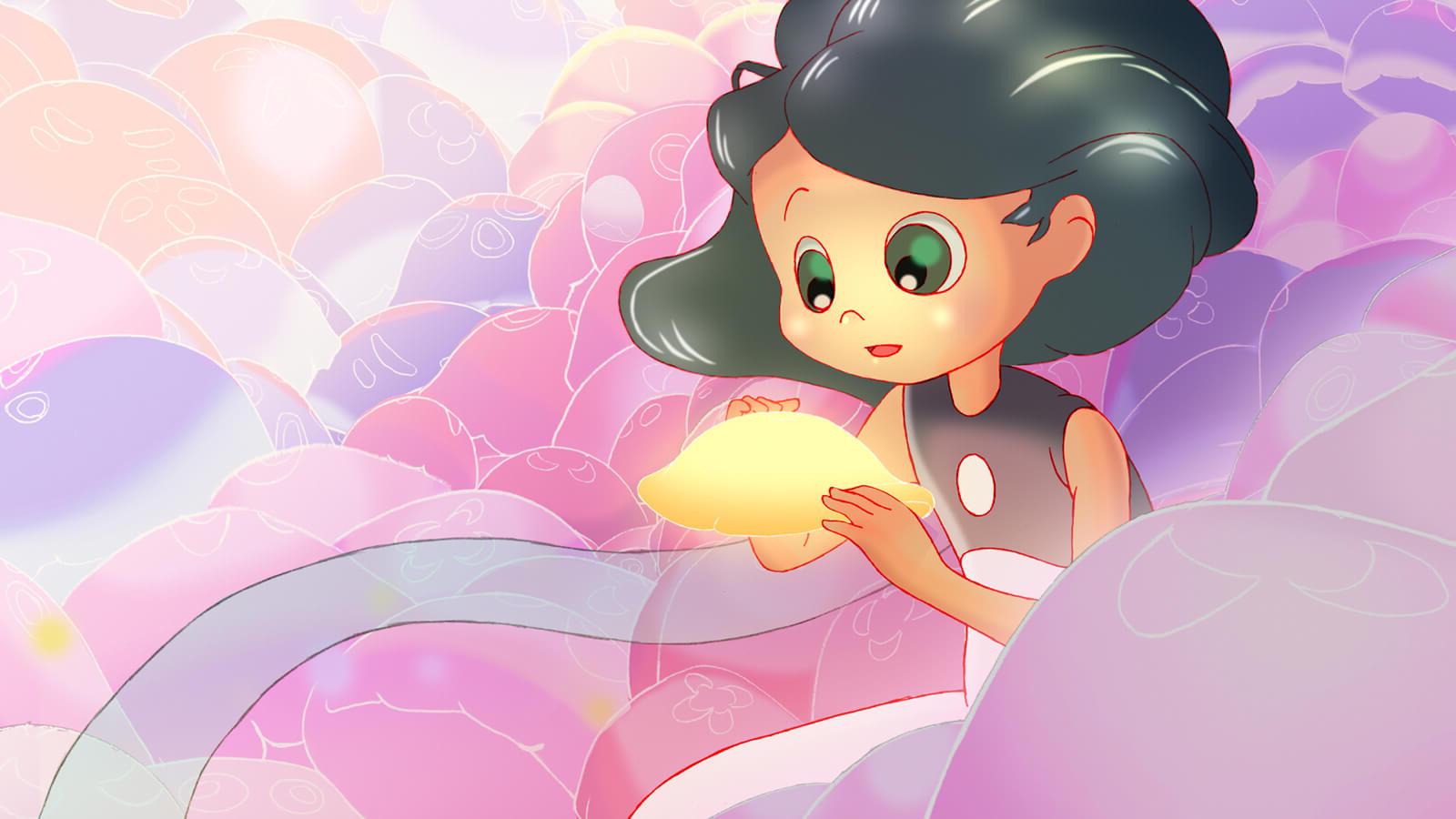 A girl with black hair and green eyes holds a yellow jellyfish in her hands, 被粉色包围, 紫色的, 橙色水母