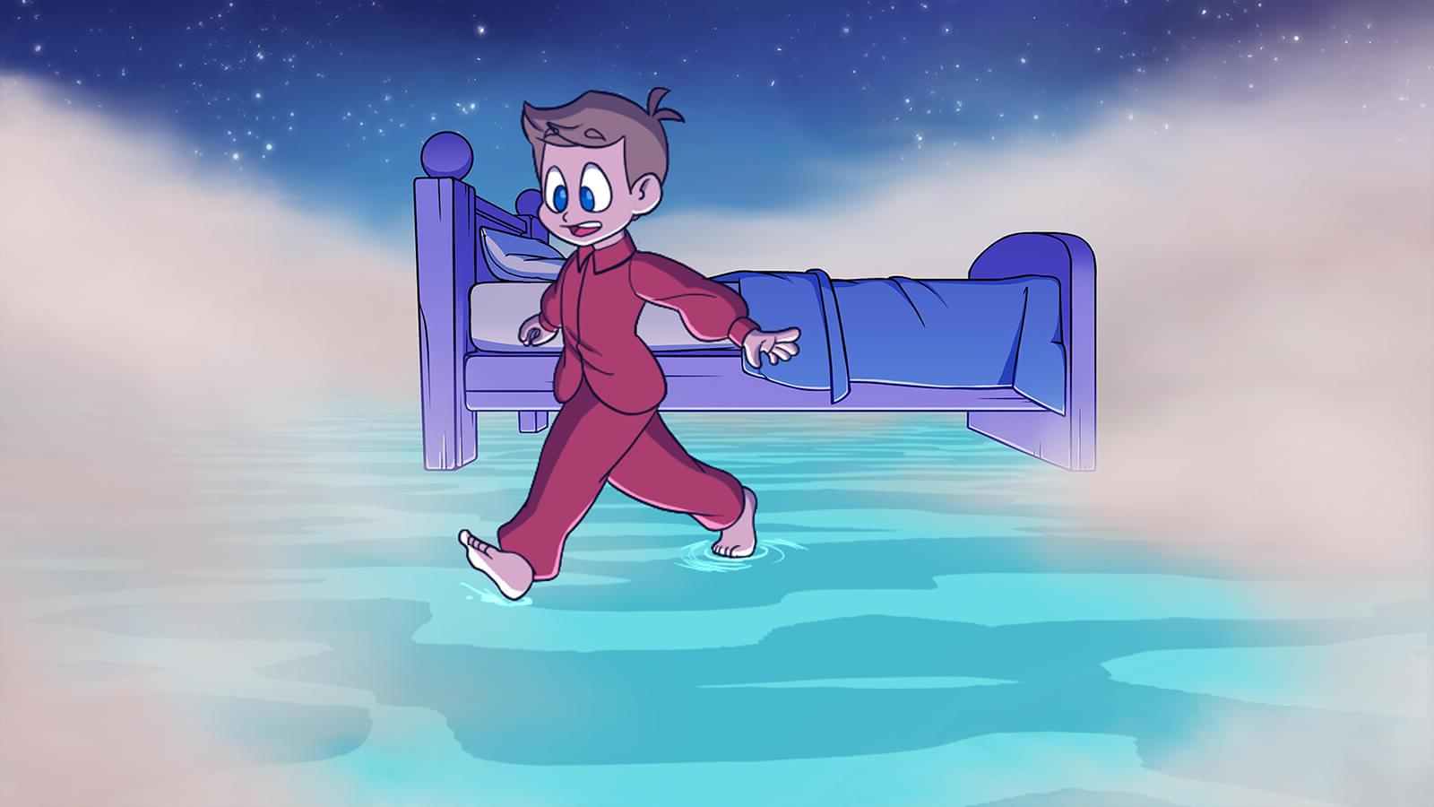 A boy steps out of bed onto a seemingly solid surface made of water.