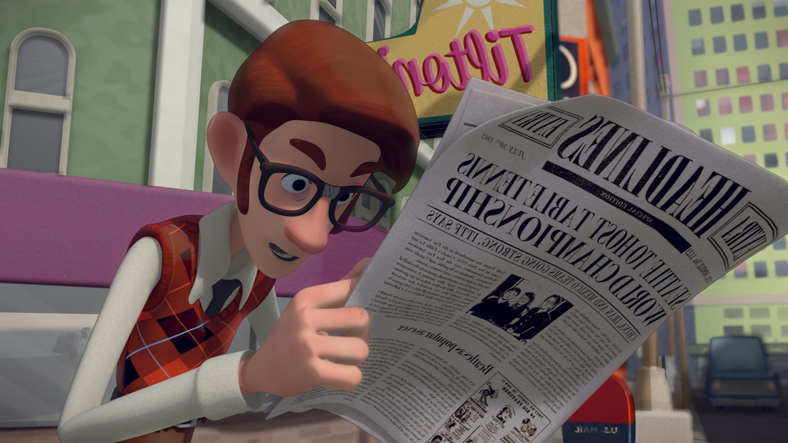 A man in glasses and a red argyle sweater sits on a bench reading a newspaper, fascinated by a story.