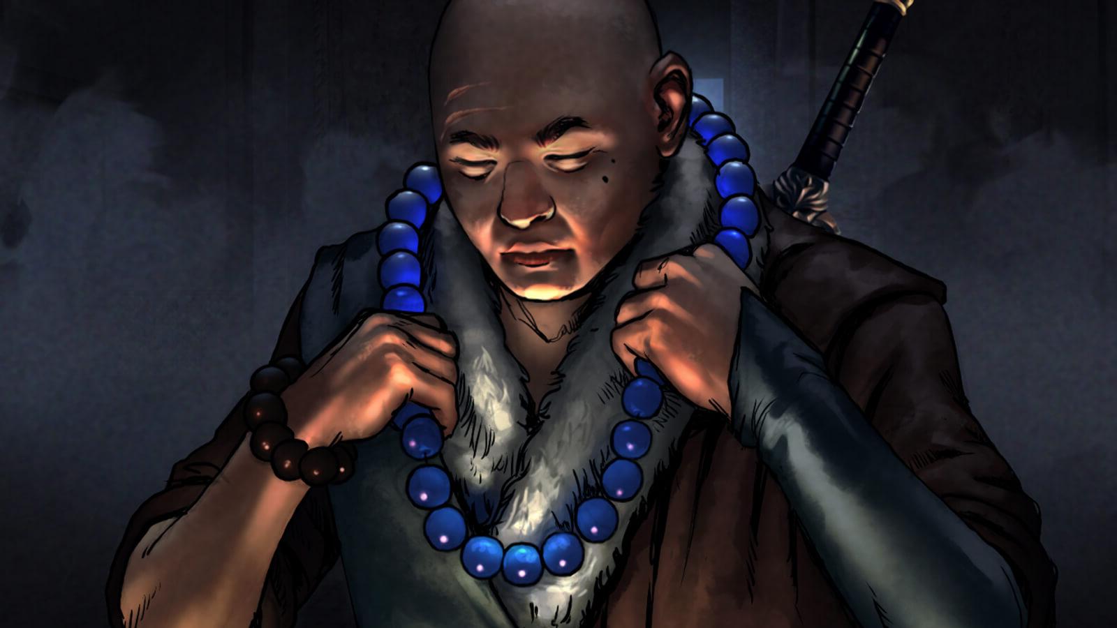 A bald man with a sword on his back, 从下面点燃, puts on a necklace of brilliant blue spheres in a darkened room