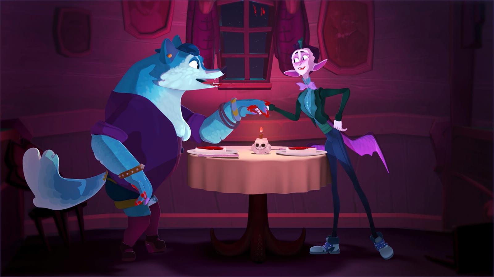 A pink vampire in a suit holds hands with a blue werewolf over a dinner table with two steaks and a lit candle inside a skull