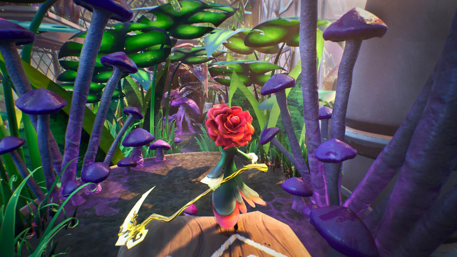 一个小小的玫瑰角色，鲁宾，站在一个平台上，上面是高耸的蘑菇和植物.