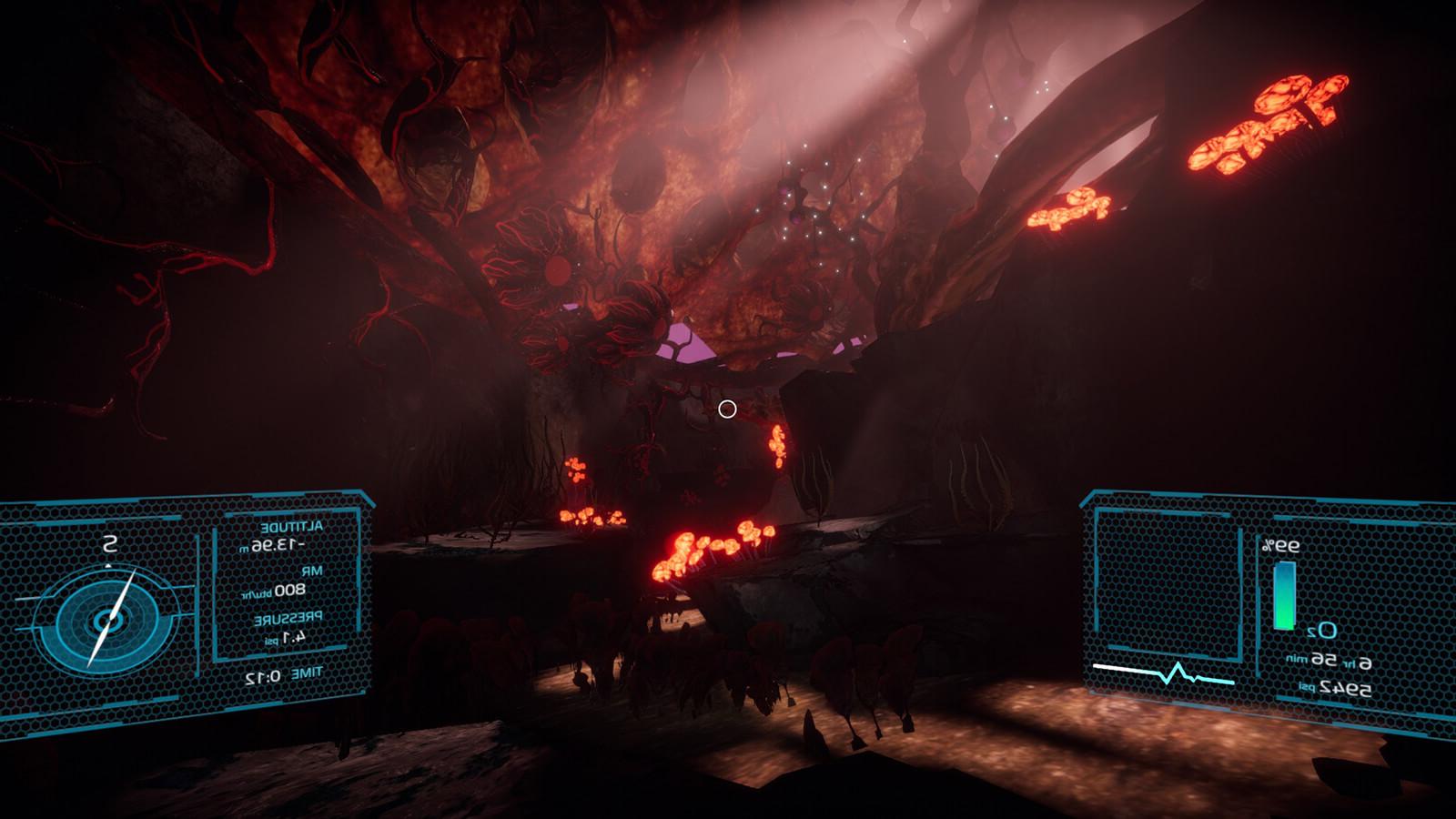一个充满奇怪蘑菇的发光外星景观, 树, 以及玩家HUD图层顶部的树叶.