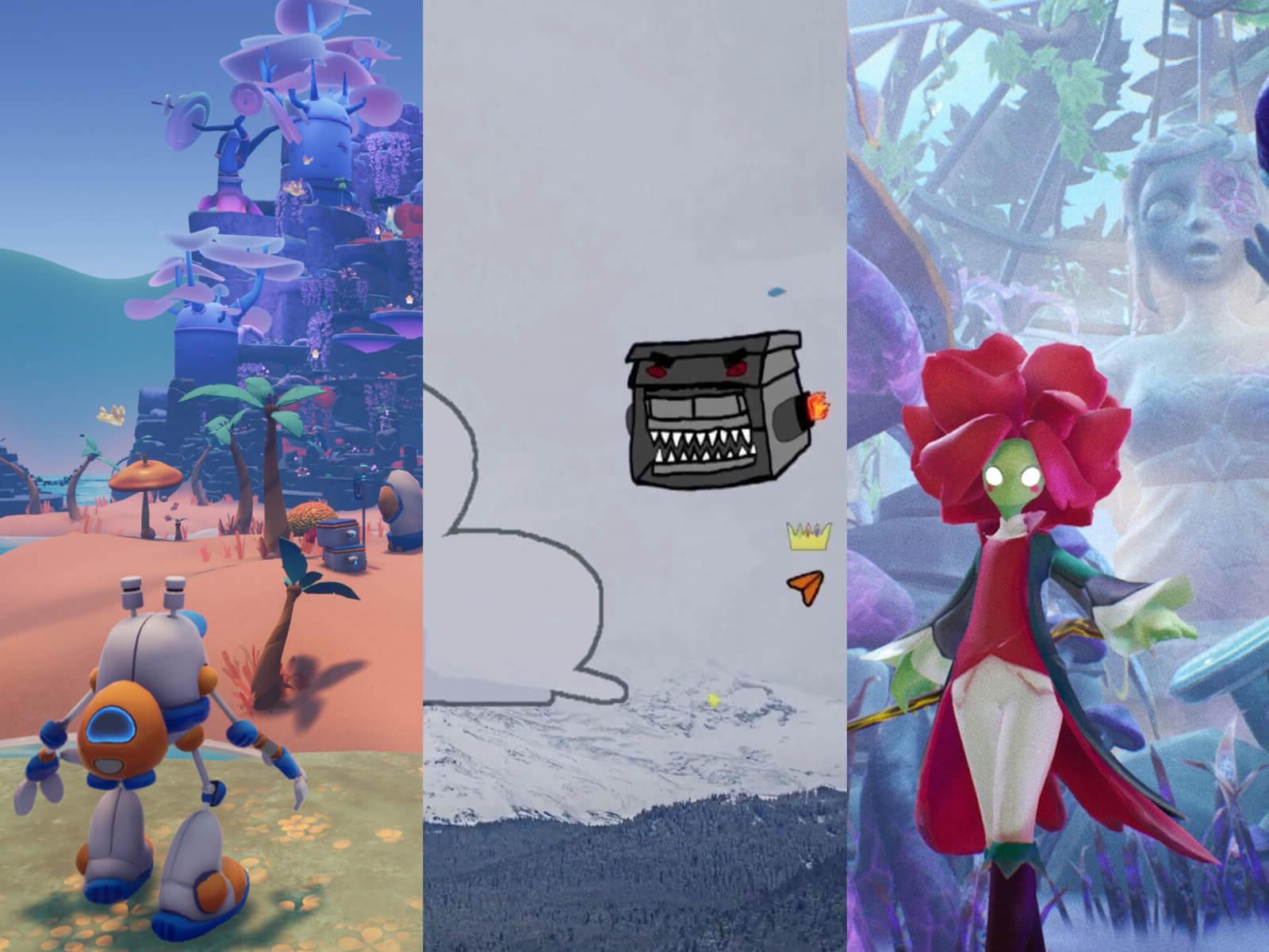 Collage of student game screenshots featuring a robot, gardening witch, and more.