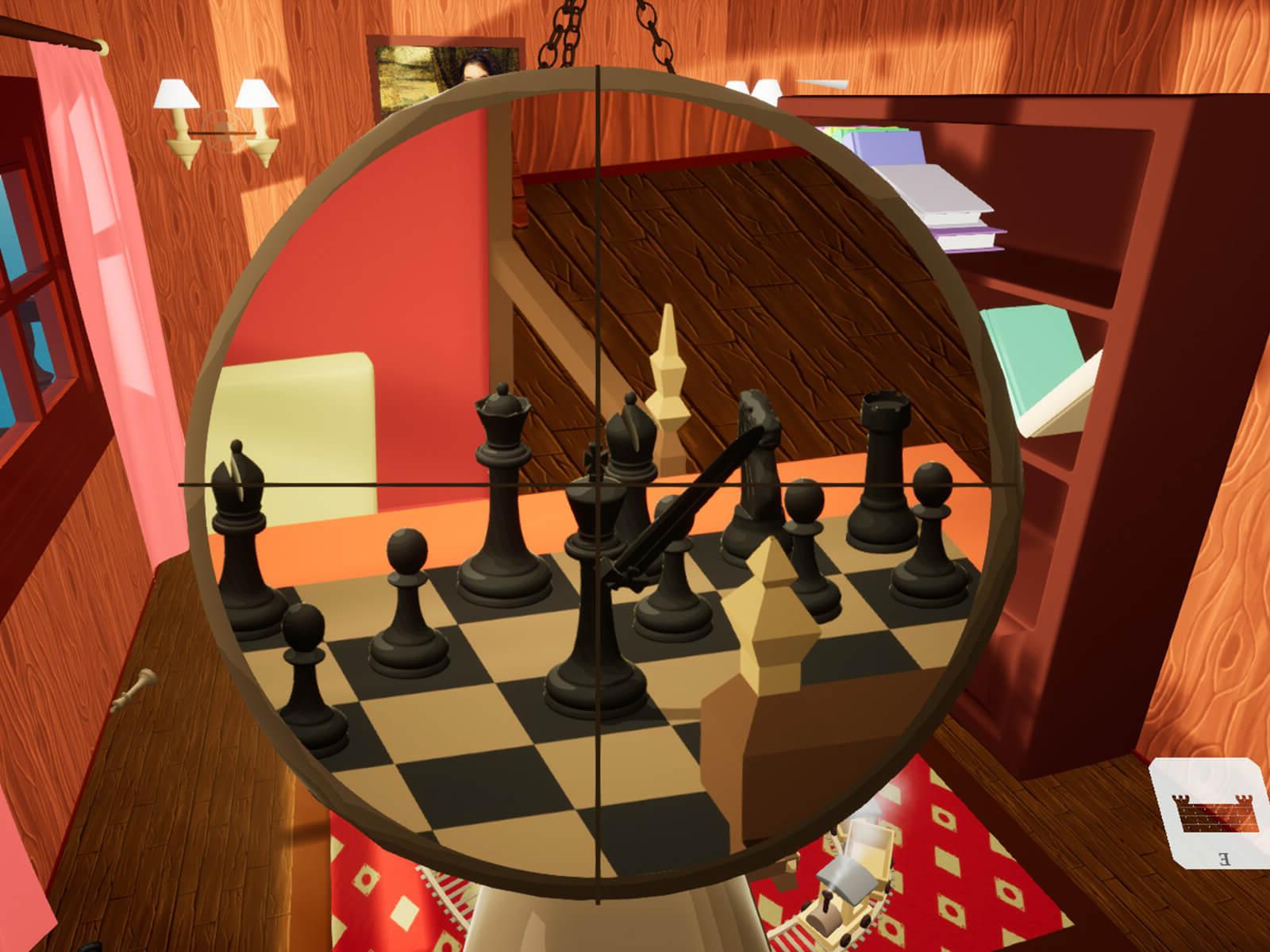 A rook looks at a king down the barrel of its sniper rifle in FPS Chess.